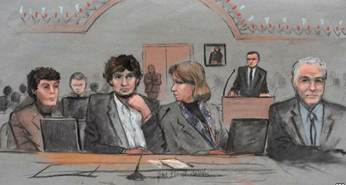 Tsarnaev and his advocated in the court room. Photo: http://www.svoboda.org/content/tsarnaev-trial/26884827.html