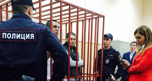 The defendants in the room of the Basmanny District Court of Moscow. Photo by Yuliya Buslavskaya for the "Caucasian Knot"