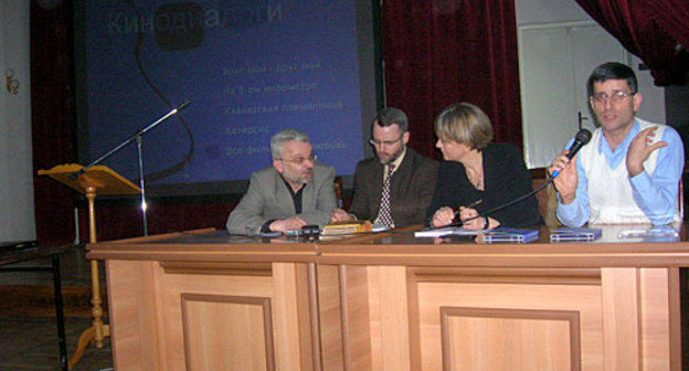 Presentation of films from Project "Cinema Dialogues". From left to right: Gegam Bagdasaryan, a Karabakh MP; Lawrence Broers and Jenny Norton from international organization "Resources and Reconciliation" (England); and Arut Mansuryan from "Internews-Armenia". Nagorno-Karabakh, Stepanakert, March 9, 2010. Photo by the "Caucasian Knot"