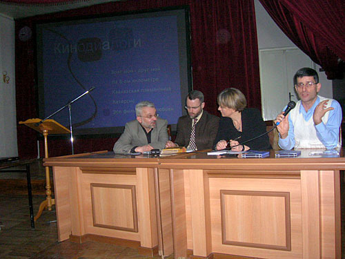Presentation of films from Project "Cinema Dialogues". From left to right: Gegam Bagdasaryan, a Karabakh MP; Lawrence Broers and Jenny Norton from international organization "Resources and Reconciliation" (England); and Arut Mansuryan from "Internews-Armenia". Nagorno-Karabakh, Stepanakert, March 9, 2010. Photo by the "Caucasian Knot"