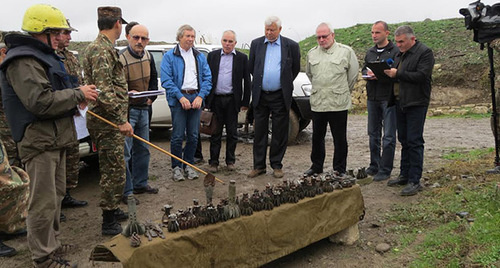 Prior to OSCE monitoring at the contact line, the Defence Army of Nagorno-Karabakh has presented to co-Chairs of the OSCE Minsk Group parts of unexploded shells of heavy artillery. According to the Defence Army of Nagorno-Karabakh, the Azerbaijani armed forces used them to shell the Karabakh territory, October 27, 2015. Photo by Alvard Grigoryan for the ‘Caucasian Knot’. 