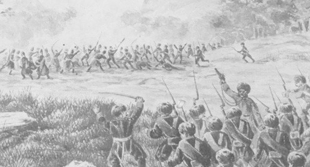 Fragment of picture "Liquidation of Eight Auls in Ubin River Valley" (during Russian-Caucasian War). From Album of Tengin Regiment, pages 94-95. Source: Moscow State Historical Museum. Borrowed from http://circassiangenocide.org  