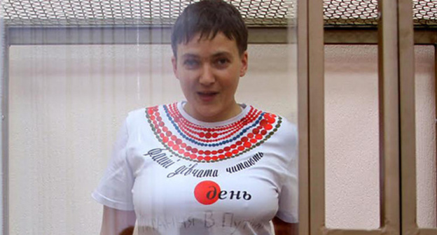 Nadezhda Savchenko at the Donetsk City Court, December 17, 2015. Inscription on her T-shirt in  Ukrainian language: "A question to V. Putin. When will you release Ukrainians kidnapped and illegally kept in Russian prisons?!" and a hashtag #FreeSavchenko
Photo by Konstantin Volgin for the "Caucasian Knot"