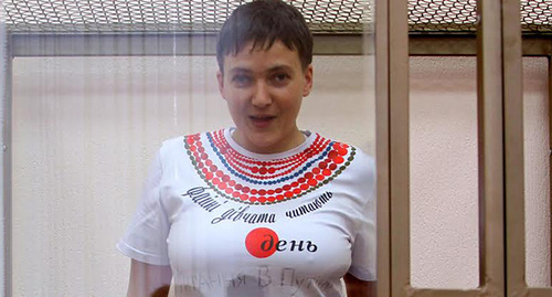 Nadezhda Savchenko at the Donetsk City Court, December 17, 2015. Inscription on her T-shirt in  Ukrainian language: "A question to V. Putin. When will you release Ukrainians kidnapped and illegally kept in Russian prisons?!" and a hashtag #FreeSavchenko
Photo by Konstantin Volgin for the "Caucasian Knot"