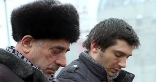 Suleiman Gazaliev and his son Said-Emin at the public condemnation in the square of Shali. January 15, 2016. Photo: screenshot of the story shown by the Chechen TV Channel