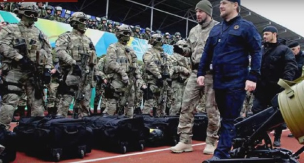 Ramzan Kadyrov in the sub-unit of the Chechen spetsnaz (special troops). Screenshot of a story shown on TV Channel "Russia-1"