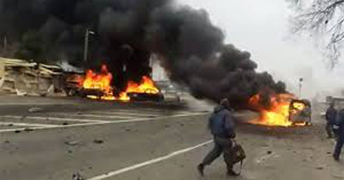 Explosion at the Djemikent traffic checkpoint, February 15, 2016. Screenshot from the video posted by the ‘Caucasian Knot’.