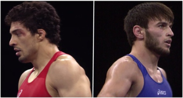 Shamil Kudiyamagomedov and Gadjimurad Rashidov after their victorious fights. Collage by the "Caucasian Knot" (screenshots of the videos at the website of the United world of wrestling organization, Unitedworldwrestling.org)