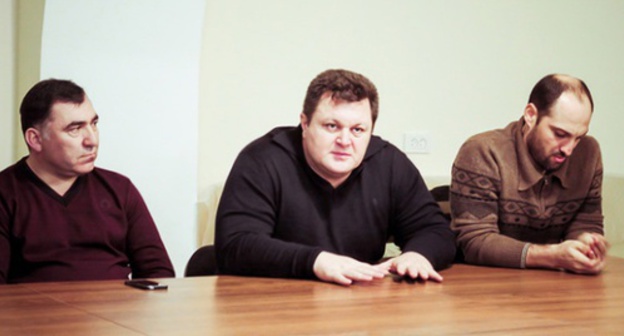 Ali Aslanov, the chairman of the Association "Business Cherkessia", Aslan Beshto, the leader of public organization "Kabardian Congress",  and Timur Zhuzhuev, the leader of the youth organization "Adyge-Khase" of Karachay-Cherkessia, March 17, 2016, Cherkessk. Photo by Asya Kapaeva for the ‘Caucasian Knot’. 