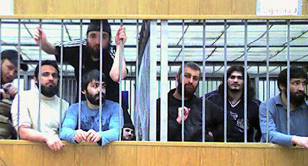 Defendants in the case of the attack on Nalchik on October 13, 2005, during a court session, Nalchik, Kabardino-Balkaria, 2011. Photo is provided by Mariam Akhmetova, member of Committee ‘Mothers of Kabardino-Balkaria in defense of people’s rights and freedoms’.