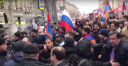 Conflict between representatives of Azerbaijani and Armenian delegations at "Immortal Regiment" action in Moscow, May 9, 2017. Screenshot of YouTube video: https://www.youtube.com/watch?v=DzytTF3mso0