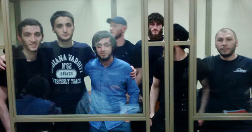 The figurants in KBR’s caliphate case: Islam Shogenov, Kantemir Zheldashev, Ruslan Kipshiev, Zaur Tekuzhev, Ruslan Zhugov, Oleg Miskhozhev, and Artur Karov (from left to right). Photo courtesy of Ruslan Uzuev