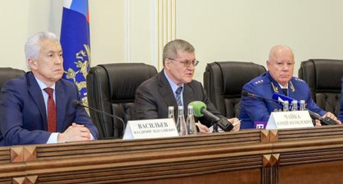 Vladimir Vasiliev, Yuri Chaika, Ivan Sydoruk. Makhachkala, February 10, 2018. Photo: press service of the head of Dagestan, Ivan Sydoruk