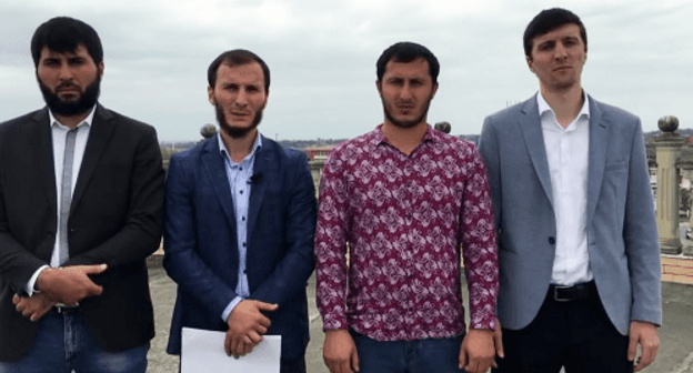 Khasan Katsiev, Bagaudin Khautiev, Ismail Bulguchev and Ismail Nalgiev (from left to right). Screenshot of the activists' video appeal to authorities on Chechnya's territorial claims to Ingushetia, September 4, 2018 https://www.youtube.com/watch?v=CsqZFGulDF8&t=48s" class="main_article_image Khasan Katsiev, Bagaudin Khautiev, Ismail Bulguchev and Ismail Nalgiev (from left to right). Screenshot of the activists' video appeal to authorities on Chechnya's territorial claims to Ingushetia, September 4, 2018 https://www.youtube.com/watch?v=CsqZFGulDF8&t=48s" class="main_article_image