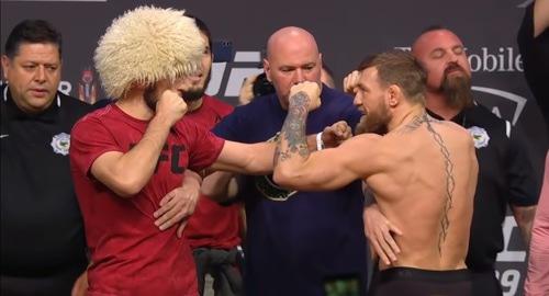 Khabib Nurmagomedov and Conor McGregor during the weigh-in ceremony. Screenshot of the video: https://youtu.be/CGWb1DRo_mo