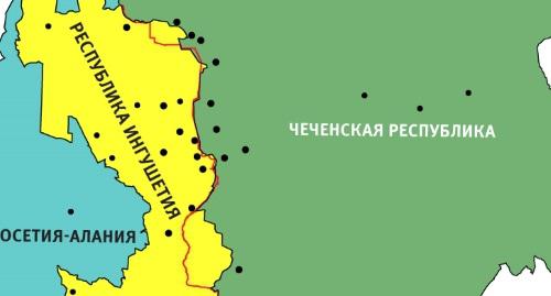 Map with a border between Chechnya and Ingushetia defined according to the agreement on exchange of territories 