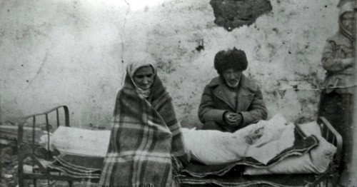 The Ingush family of Gazdiev near the body of their killed daughter. Kazakhstan, 1944. https://ru.wikipedia.org