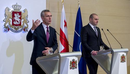 Jens Stoltenberg, the Secretary General of NATO (on the left), and Georgian  Prime Minister Mamuka Bakhtadze. Photo by the NATO's press service https://www.nato.int/cps/en/natohq/opinions_164822.htm?selectedLocale=en