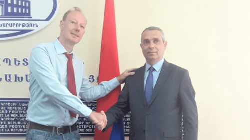 Martin Sonneborn, a member of the European Parliament (on the left), and Masis Mailyan, Foreign Minister of Nagorno-Karabakh, on August 27, 2019. Photo by the European Armenian Federation for Justice and Democracy (EAFJD), https://twitter.com/eafjd/status/1166354384273465344