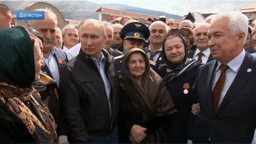 Putin in Botlikh. Screenshot from video posted by First Channel, https://youtu.be/Y5l6e7YHUKo