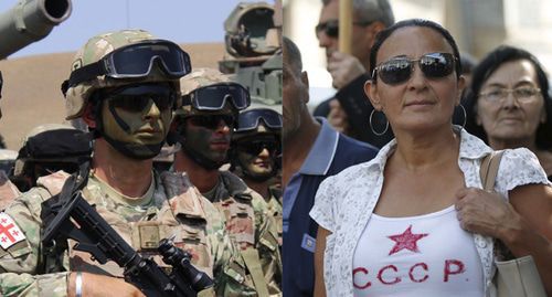 Noble Partner 2017 military exercises and a woman wearing a T-shirt with the inscription "USSR". Collage by the "Caucasian Knot". Photo: REUTERS/David Mdzinarishvili, Inna Kukudjanova for the "Caucasian Knot"