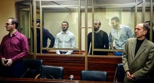 Defendants in a case on plotting of terror acts at the French Embassy in Moscow (from left to right): Salamkhan Sampiev, Ruslan Esmurziev, Khusein Kitiev, Magomed Amatkhanov, and Elbert Kharsiev. Photo by Konstantin Volgin for the "Caucasian Knot"