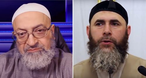 Abdurrakhman Dimashkiya, a Lebanese theologian, and Salakh Mezhiev, Mufti of Chechnya. Photo: screenshots of the videos  https://www.youtube.com/watch?time_continue=381&amp;v=HIxjvVM7pTM&amp;feature=emb_logo, http://www.dumchr.ru/single-post/2019/01/26, collage by the "Caucasian Knot"