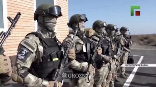 Militaries at the opening of new Chechen police checkpoints in the Shelkovskoy District, which borders on Dagestan. Screenshot of the video on the Instagram groznytv https://www.instagram.com/groznytv/