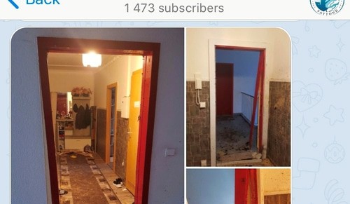 A door blown up by German law enforcers during searches at an apartment of one of the Chechen natives. Screenshot of the post in Telegram Channel made by Vaifond human rights association. https://t.me/vayfond/1694