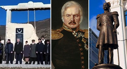 Collage prepared by the "Caucasian Knot". The opening of the memorial sign to the Ottoman soldiers who died on November 5-7, 1918 in the battles for the liberation of Port Petrovsk, a portrait of A.P.Ermolov painted by P.Zakharov-Chechen, a monument to the ataman Grigory Rashpil. Photo: video frame of the Monument to Ottoman soldiers in Dagestan OK.ru, wikipedia.org, Elena Sineok, Yuga.ru