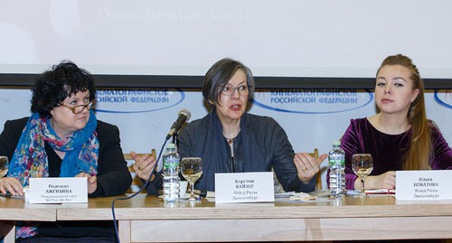Participants of the roundtable: Nadezhda Azhgikhina, Kerstin Kaiser, Olga Ignatova. Photo courtesy of Irina Kretova for the "Caucasian Knot"