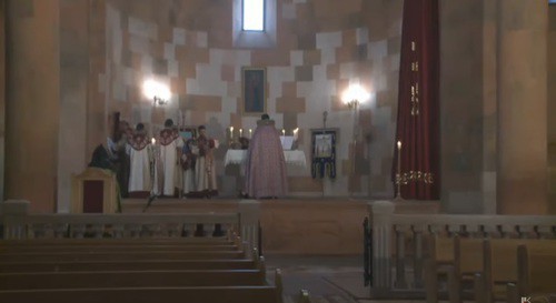 Easter service held behind closed doors at the Church of the Protection of God's Mother in Stepanakert. Screenshot of live streaming https://www.youtube.com/watch?v=PxWPy5nnVZM