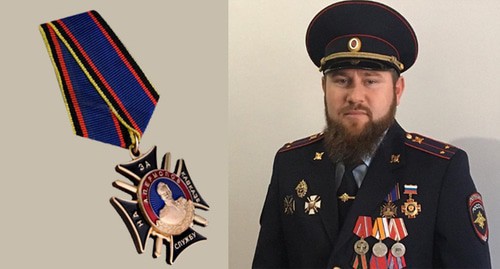 Zamid Chalaev, a commander of the Chechen special forces regiment, demonstrates a medal "For Service in the Caucasus". A picture of a medal "For Service in the Caucasus" is on the left. Collage by the "Caucasian Knot". Photo http://knagrade.ru/ https://www.instagram.com/p/CCkh3z3qc4L