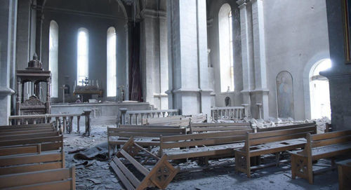 A damaged cathedral in the city of Shushi, October 8, 2020. Photo: Արցախի Տեղեկատվական շտաբ / NKR InfoCenter