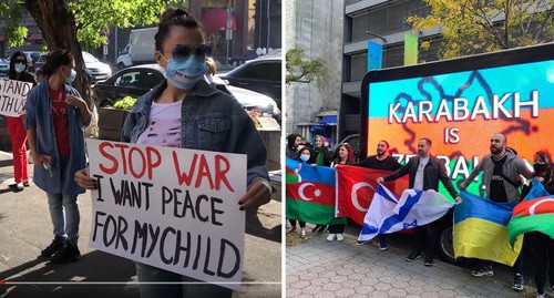 Women from Nagorno-Karabakh together with their children at a protest action near the UN office in Yerevan; a rally against "Armenia's aggression" in front of the UN headquarters in New York. Photo: screenshot of the video by SPUTNIK, Teymur Maksutov  https://1news.az/news