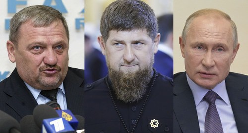 Akhmat Kadyrov, Ramzan Kadyrov, and Vladimir Putin (from left to right). Photos: REUTERS/Sergei Karpukhi, Sputnik/Mikhail Metzel/Pool via REUTERS, Sputnik/Alexei Druzhinin/Kremlin via REUTERS