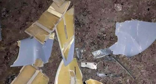 Fragments of a downed drone. Photo by the INFORMATION CENTER of Nagorno-Karabakh https://www.facebook.com/ArtsakhInformation/photos/pcb.210200620620726/210200583954063/