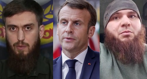 Chingiz Akhmadov, Emmanuel Macron, Musa Lomaev (from left to right). Collage by the "Caucasian Knot". Screenshot of the video: https://www.youtube.com/watch?v=dcA5fw8_Hcg Photo: Olivier Hoslet/Pool via REUTERS