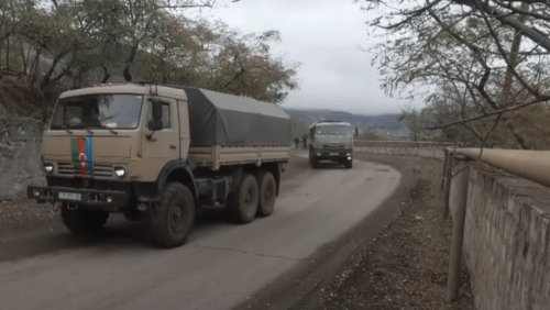 The Azerbaijani vehicles in Nagorno-Karabakh escorted by Russian peacemakers. Screenshot of the video https://youtu.be/5IhmwOYyZPA