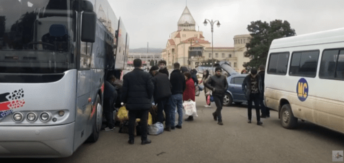 Buses with the refugees who returned to Stepanakert. November 20, 2020. Screenshot of the video by the Russian Ministry of Defence https://youtu.be/y5xgtPDxz-g