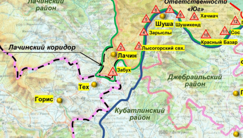 A part of the infographic by the Russian Ministry of Defence, which reflects the situation as of 30 November 2020. The town of Lachin is admitted as part of Nagorno-Karabakh http://mil.ru/files/morf/asdgfadsfadscf2800.jpg
