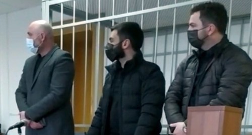 The defendants at the Nalchik City Court hearing. Screenshot of the video courtesy of Alexander Knyazev