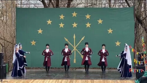 Adygs dancing a traditional dance during the celebration of the Circassian New Year at the Gaverdovsky Farm, March 21, 2021. Screenshot of the video published on "VKontakte" https://vk.com/typical01?w=wall-32771925_197124