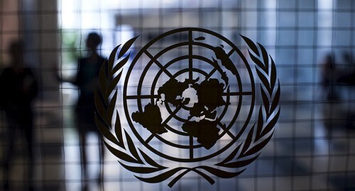 The UN logo on the window. Photo: REUTERS/Mike Segar