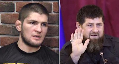 Khabib Nurmagomedov, Ramzan Kadyrov. Photos: Time for Sport - https://www.youtube.com/watch?v=HWyclHTd89o; Grozny Inform news agency https://www.youtube.com/watch?v=fYnVDSqgwDA Collage by the "Caucasian Knot"