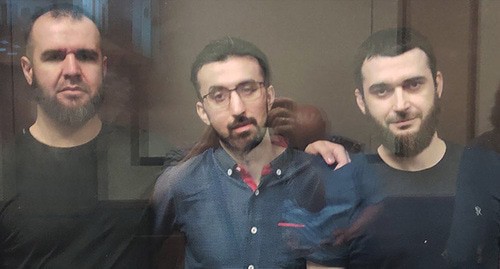 Abubakar Rizvanov, Kemal Tambiev, and Abdulmumin Gadjiev (from left to right) in the courtroom, July 1, 2021. Photo by Konstantin Volgin for the "Caucasian Knot"