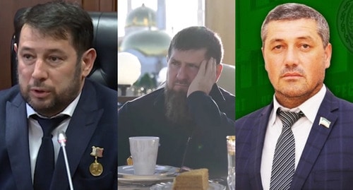 Isa Khadjimuradov, Ramzan Kadyrov, and Khalid Nakaev (from left to right). Collage by the "Caucasian Knot". Photos: screenshot of the video from the Kadyrov YouTube channel / press service of the Parliament of the Chechen Republic
