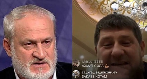 Akhmed Zakaev (on the left) and Ramzan Kadyrov. Collage by the "Caucasian Knot". Screenshots: https://www.instagram.com/tv/CUIt8KHKCMQ/ "Nastoyaschee vremya" (Current Time) https://www.youtube.com/watch?v=qNbQTEQ4mqs