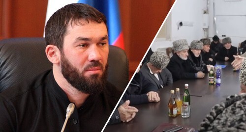Magomed Daudov, participants of the session of the Ingush Council of Teips. Photo by the press service of the Parliament of the Chechen Republic; screenshot of the video "An Appeal to the Chechens and the Ingush"  https://www.youtube.com/watch?v=47Fp6BnVB_o