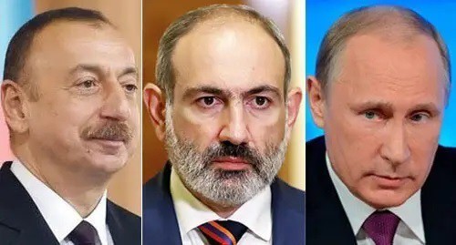 Ilham Aliyev, Nikol Pashinyan, Vladimir Putin (from left to right). Photo: Kremlin press service, Tigran Petrosyan, press service of the President of Azerbaijan, website of the Prime Minister of the Republic of Armenia